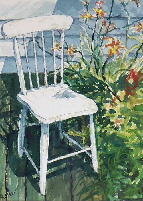 White Greeting Card featuring the painting White chair and Day Lilies by Joy Nichols