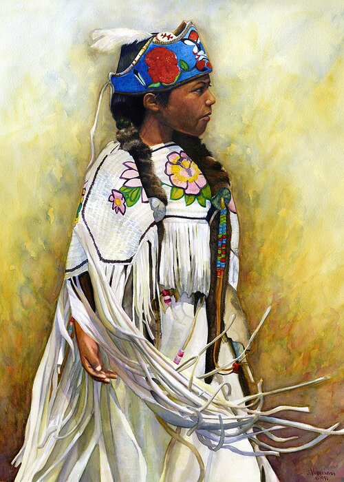 Native American Greeting Card featuring the painting White Leather Buckskin and Headdress by Jacquelin L Westerman