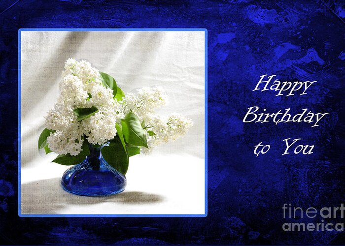 Message Greeting Card featuring the photograph White Lilacs on Blue by Randi Grace Nilsberg