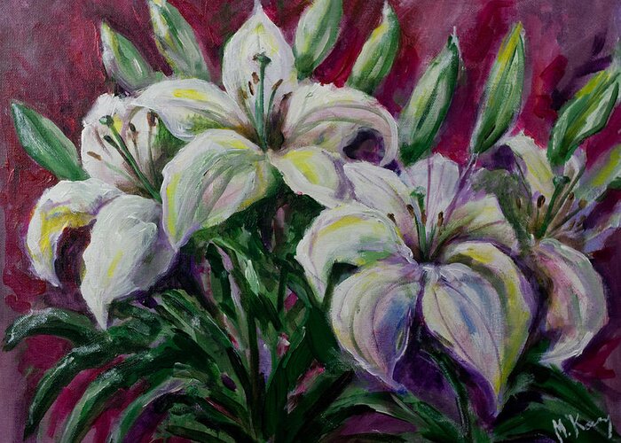 Lilies Greeting Card featuring the painting White Lilies by Maxim Komissarchik