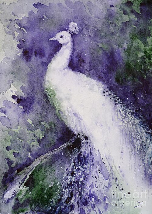 Peafowl Greeting Card featuring the painting White Peacock by Zaira Dzhaubaeva