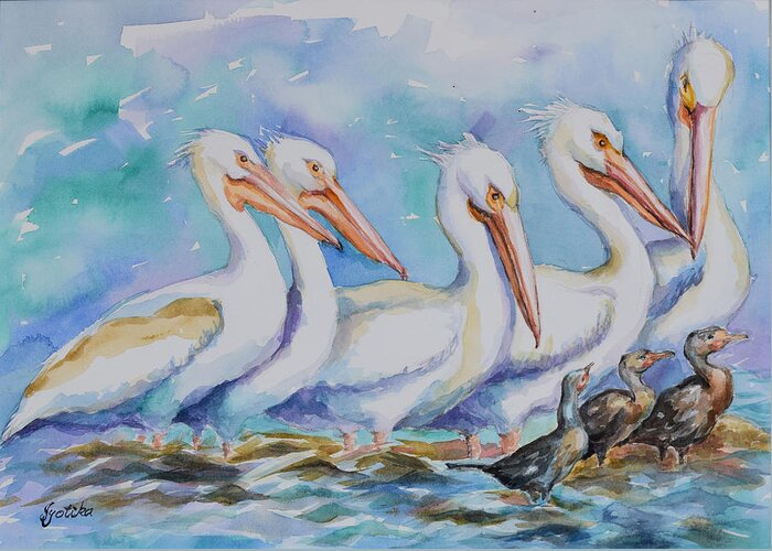 White Pelicans Greeting Card featuring the painting White Pelicans by Jyotika Shroff