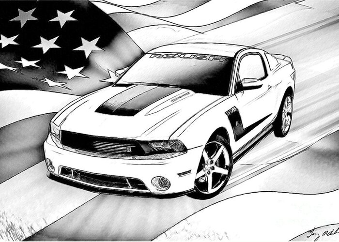 Ford Greeting Card featuring the digital art White Roush Mustang by Tommy Anderson