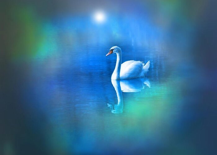 White Swan Greeting Card featuring the digital art White Swan in blue fog by Lilia S