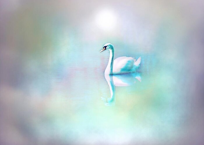 White Swan Greeting Card featuring the digital art White Swan in the fog by Lilia S