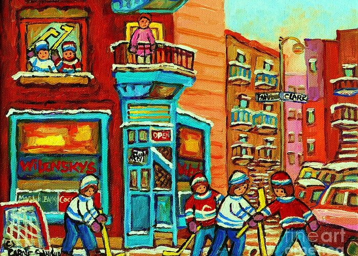 Montreal Greeting Card featuring the painting Wilensky's Corner Hockey Game Montreal Winter Diner Paintings Carole Spandau by Carole Spandau