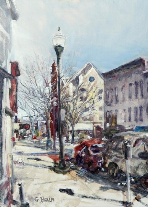 Landscape Greeting Card featuring the painting Willamsport Streetscape Winter by Geoffrey Haun