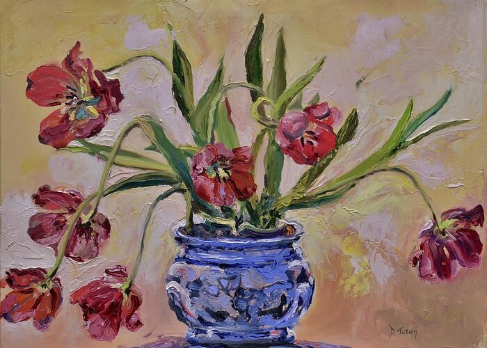 Tulip Greeting Card featuring the painting Wilting Tulips by Donna Tuten