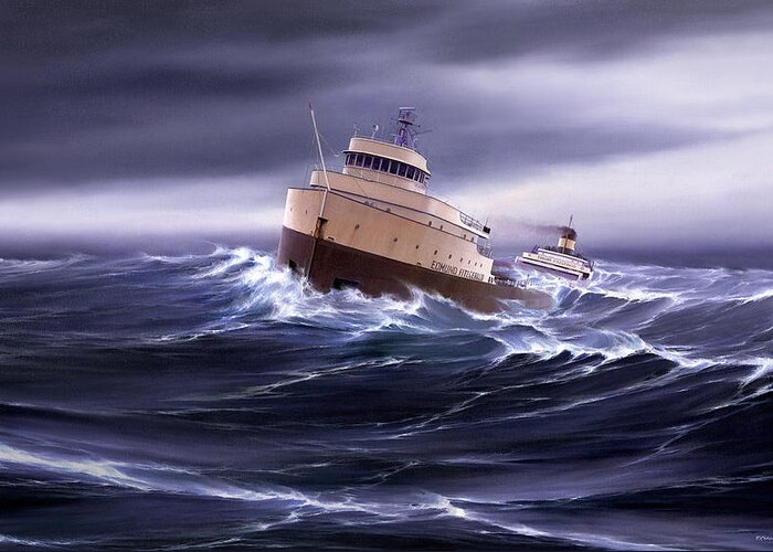 Transportation. Edmund Fitzgerald. Lake Superior. Marine Art. Great Lakes. Lake Superior Shipwrecks. Edmund Fitzgerald Canvas Prints. Captain Bud Robinson. Heavy Weather. Ships In Storms. Freighter Art. Great Lakes Ships. Great Lakes Freighters. Greeting Card featuring the painting Wind and Sea Astern by Captain Bud Robinson