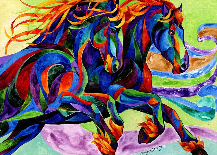 Horse Greeting Card featuring the painting Wind Dancers by Sherry Shipley
