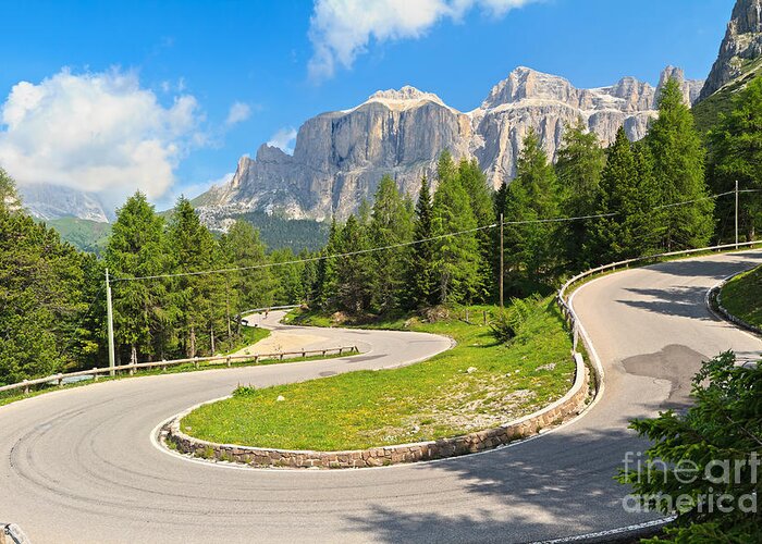 Alps Greeting Card featuring the photograph 	winding road to Pordoi pass by Antonio Scarpi