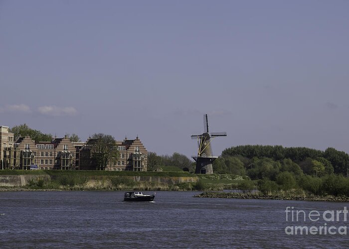 2014 Greeting Card featuring the photograph Windmill and Boat Somewhere Along the Rhine by Teresa Mucha
