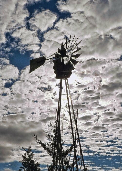 Windmill Greeting Card featuring the digital art Windmill in the clouds by Cathy Anderson