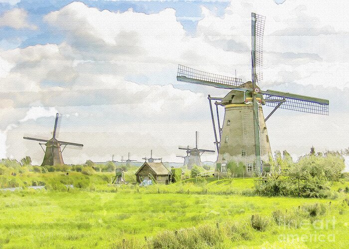 17th Greeting Card featuring the digital art Windmills at Kinderdijk in the Netherlands by Patricia Hofmeester