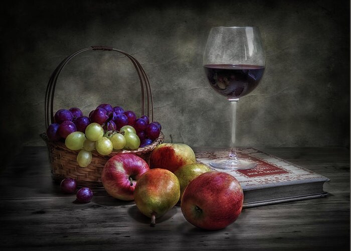 Wicker Greeting Card featuring the photograph Wine, Fruit And Reading. by Fran Osuna