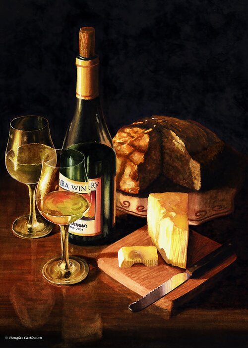 Still Life Greeting Card featuring the painting Wine with Cheese by Douglas Castleman