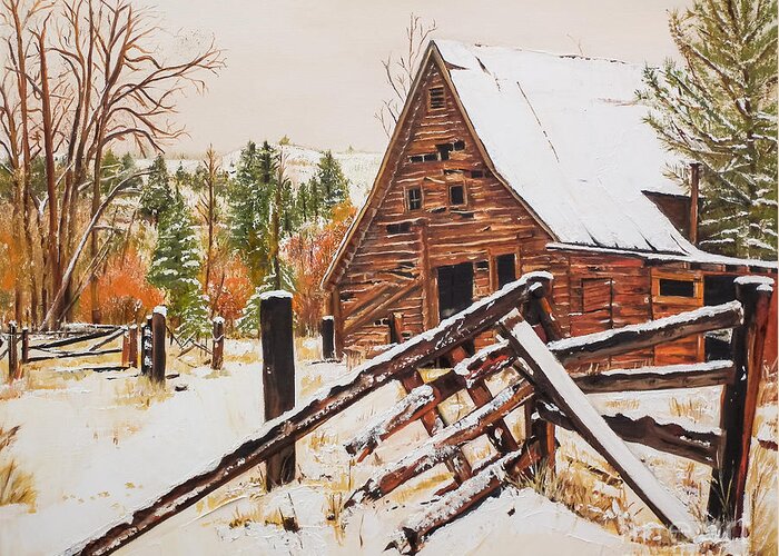 Winter Greeting Card featuring the painting Winter - Barn - Snow in Nevada by Jan Dappen
