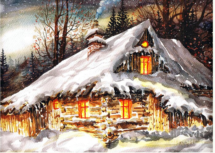Winter Cottage Greeting Card featuring the painting Winter Cottage by Dariusz Orszulik