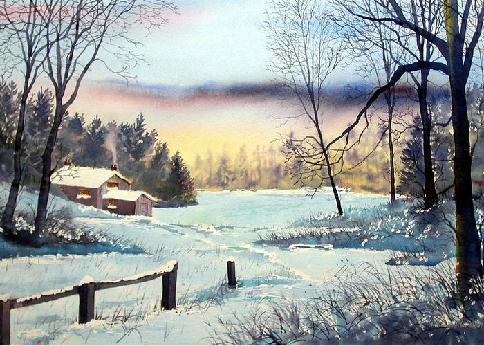 Glenn Marshall Artist Greeting Card featuring the painting Winter Cottage by Glenn Marshall