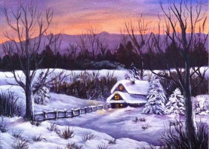 Winter Greeting Card featuring the painting Winter Evening by Bozena Zajaczkowska