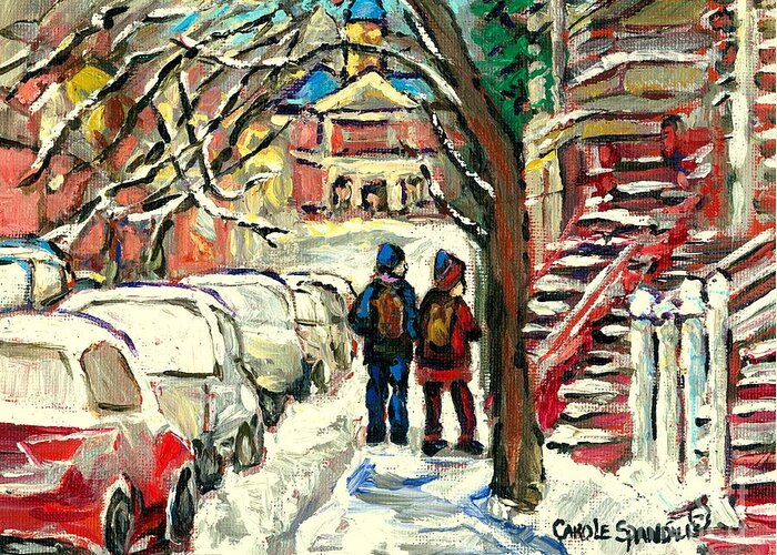 Montreal Greeting Card featuring the painting Winter Scene Painting Rows Of Snow Covered Cars First School Day After Christmas Break Montreal Art by Carole Spandau