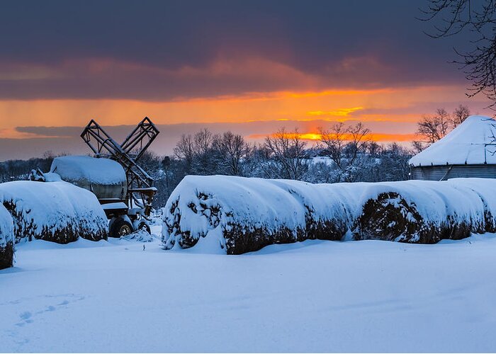 Snow Greeting Card featuring the photograph Winter Sunset on the Farm by Holden The Moment