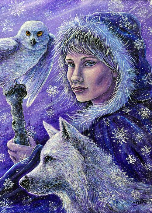 Portrait Fantasy Winter Owl Wolf Snow Wildlife Woman Girl Nature Cold Wind Greeting Card featuring the painting Winter by Gail Butler