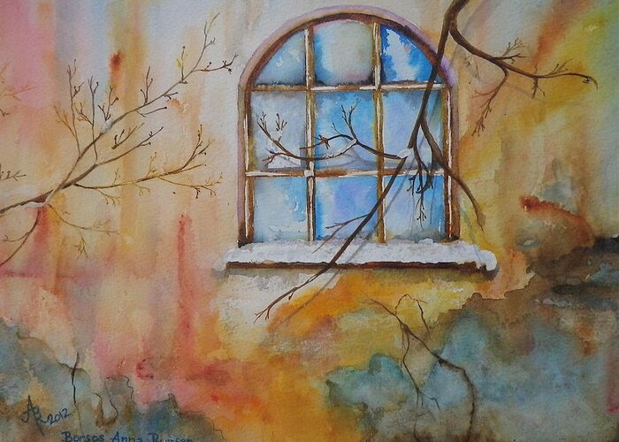 Winter Greeting Card featuring the painting Winter Window by Anna Ruzsan