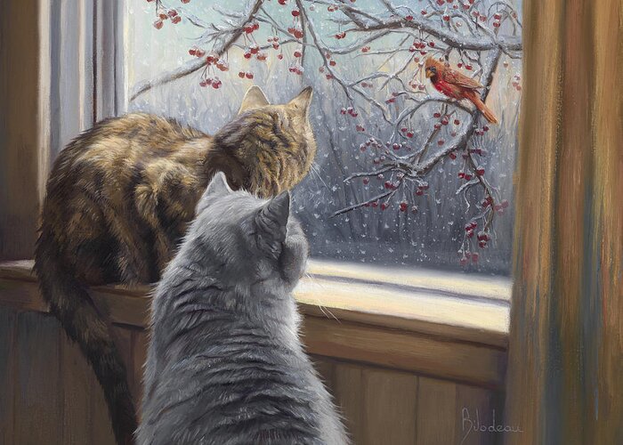 Cat Greeting Card featuring the painting Winter's Day by Lucie Bilodeau