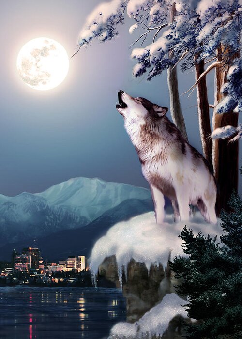 Wildlife Howling Wolf And Skyline Anchorage Print Greeting Card featuring the painting Wolf on the Doorstep of Civilization by Regina Femrite