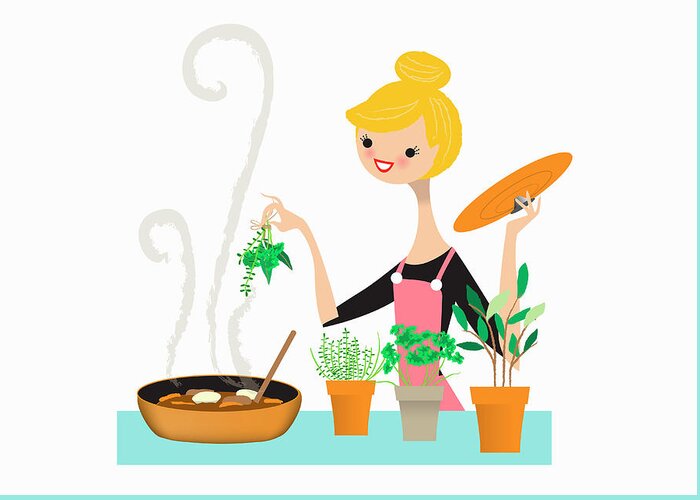 20-24 Years Greeting Card featuring the photograph Woman Adding Fresh Herbs To Pan by Ikon Ikon Images
