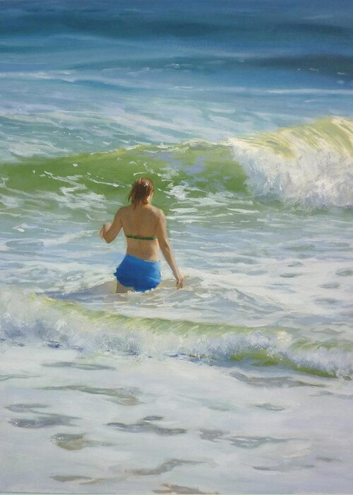 Woman Greeting Card featuring the painting Woman in the waves by Ellen Paull