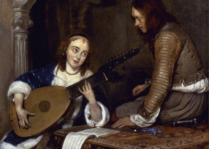 Borch Greeting Card featuring the painting Woman Playing A Theorbo by Granger