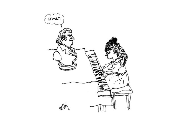 (young Girl Plays Piano As Bust Of Beethoven Says Greeting Card featuring the drawing Woman Playing Piano by William Steig