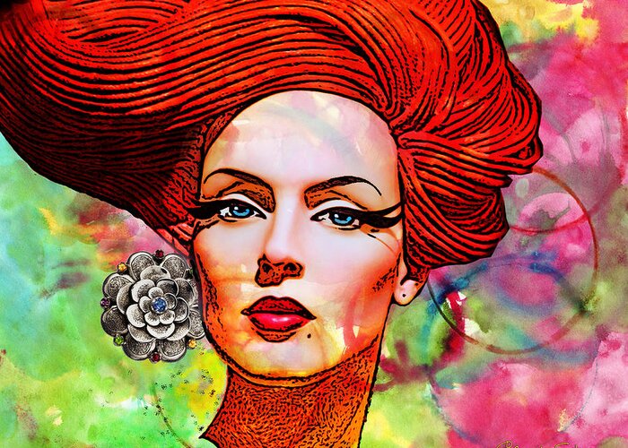Redhead Greeting Card featuring the mixed media Woman With Earring by Chuck Staley