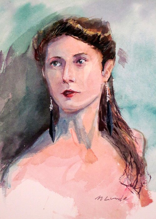 Watercolor Woman With Earrings Greeting Card featuring the painting Woman with Onyx Earrings by Mark Lunde