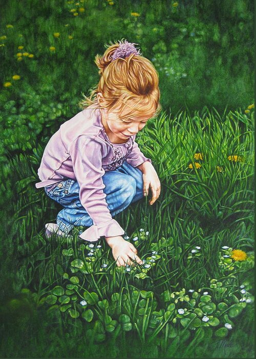 Girl And Wildflowers Artwork Greeting Card featuring the painting Wonder in a Wildflower by Tracy Male