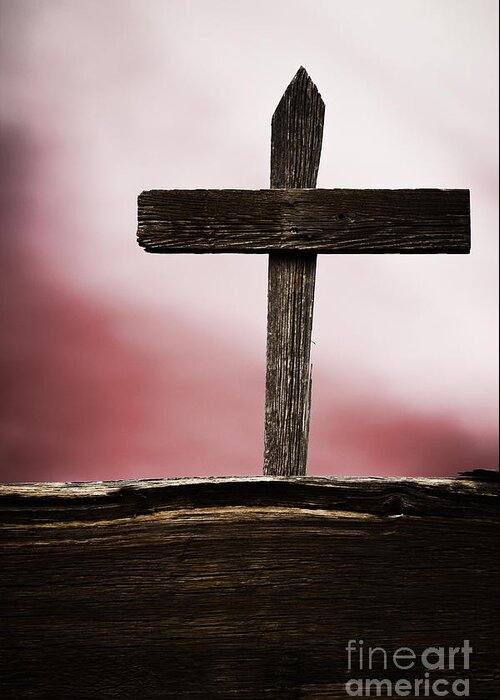Cemetery; Grave; Cross; Memorial; Death; Dead; Old; Grunge; Wood; Wooden; Hand Made; Sky; Clouds; Red; Religious; Christian Greeting Card featuring the photograph Wooden Cross by Margie Hurwich