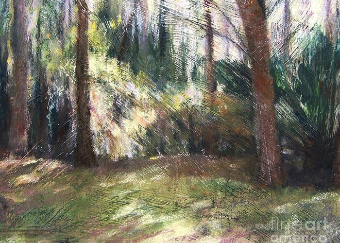 Landscape Of Sunlight And Shadows In A Forest Clearing In Parrish Greeting Card featuring the painting Woodland Shadows by Mary Lynne Powers