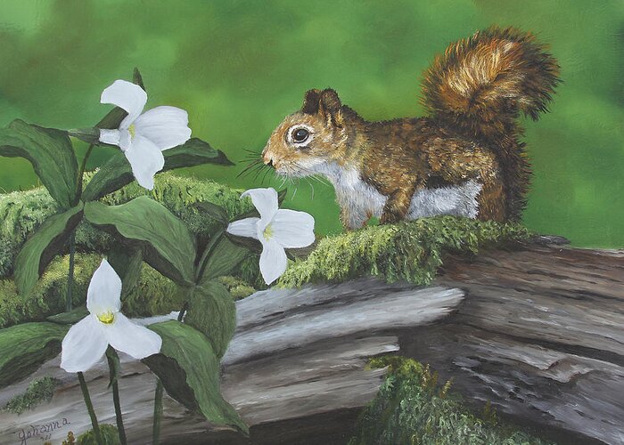 Wildlife Greeting Card featuring the painting Woodsy Playground - Red Squirrel by Johanna Lerwick