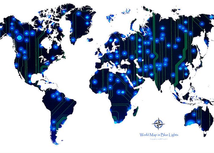 World Greeting Card featuring the digital art World Map in Blue Lights by Jerry McElroy