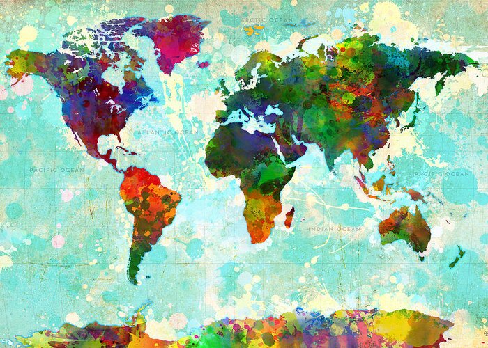Map Of The World Greeting Card featuring the painting World Map Splatter design by Gary Grayson