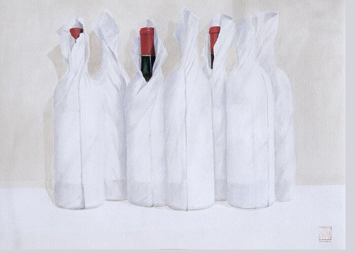Bottle; Wrapping; Paper; Alcohol; Alcoholic; Beverage; Drink; Wine Greeting Card featuring the painting Wrapped bottles 3 2003 by Lincoln Seligman