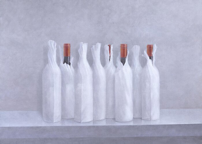 Bottle; Wrapping; Paper; Alcohol; Alcoholic; Beverage; Drink; Wine Greeting Card featuring the painting Wrapped bottles on grey 2005 by Lincoln Seligman