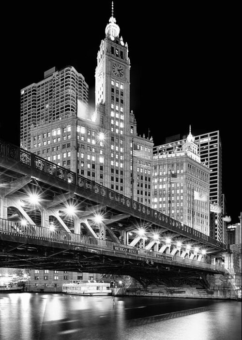 Dusk Greeting Card featuring the photograph Wrigley Building at Night in Black and White by Sebastian Musial