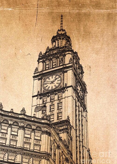 Wrigley Tower Greeting Card featuring the digital art Wrigley Clock Tower Chicago by Dejan Jovanovic