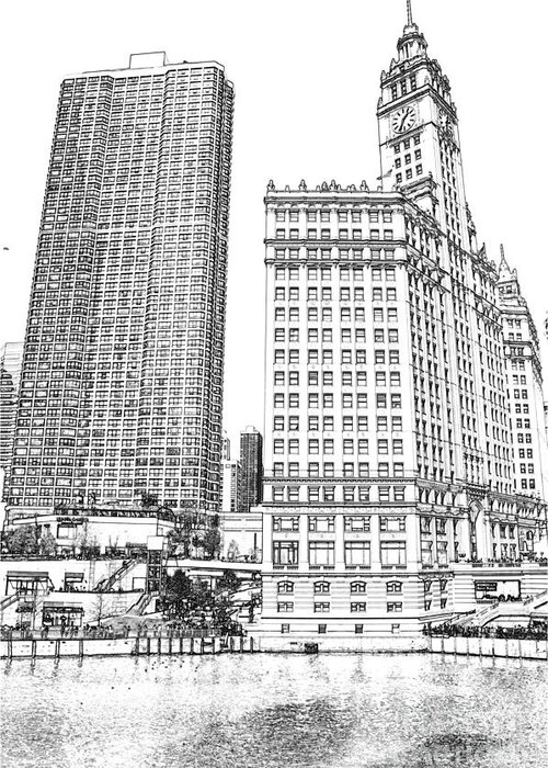 Wrigley Tower Greeting Card featuring the digital art Wrigley Clock Tower in Chicago by Dejan Jovanovic