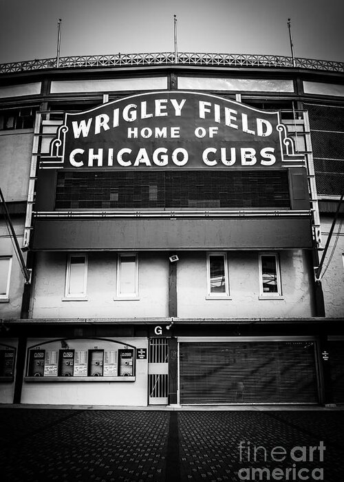 America Greeting Card featuring the photograph Wrigley Field Chicago Cubs Sign in Black and White by Paul Velgos