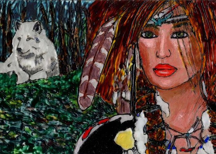Yanne Proudfoot Greeting Card featuring the painting Yanne and Silver Wolf by Phil Strang