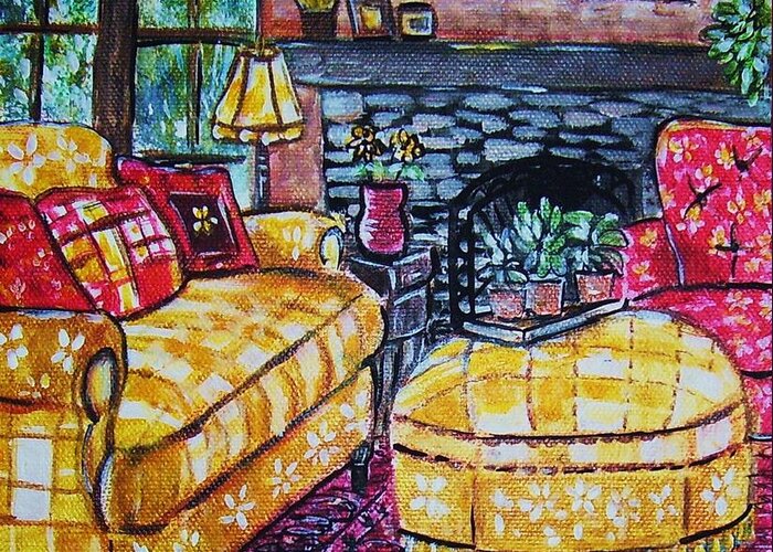 Livingroom Fireplace Greeting Card featuring the painting Yello Sofa by Linda Vaughon